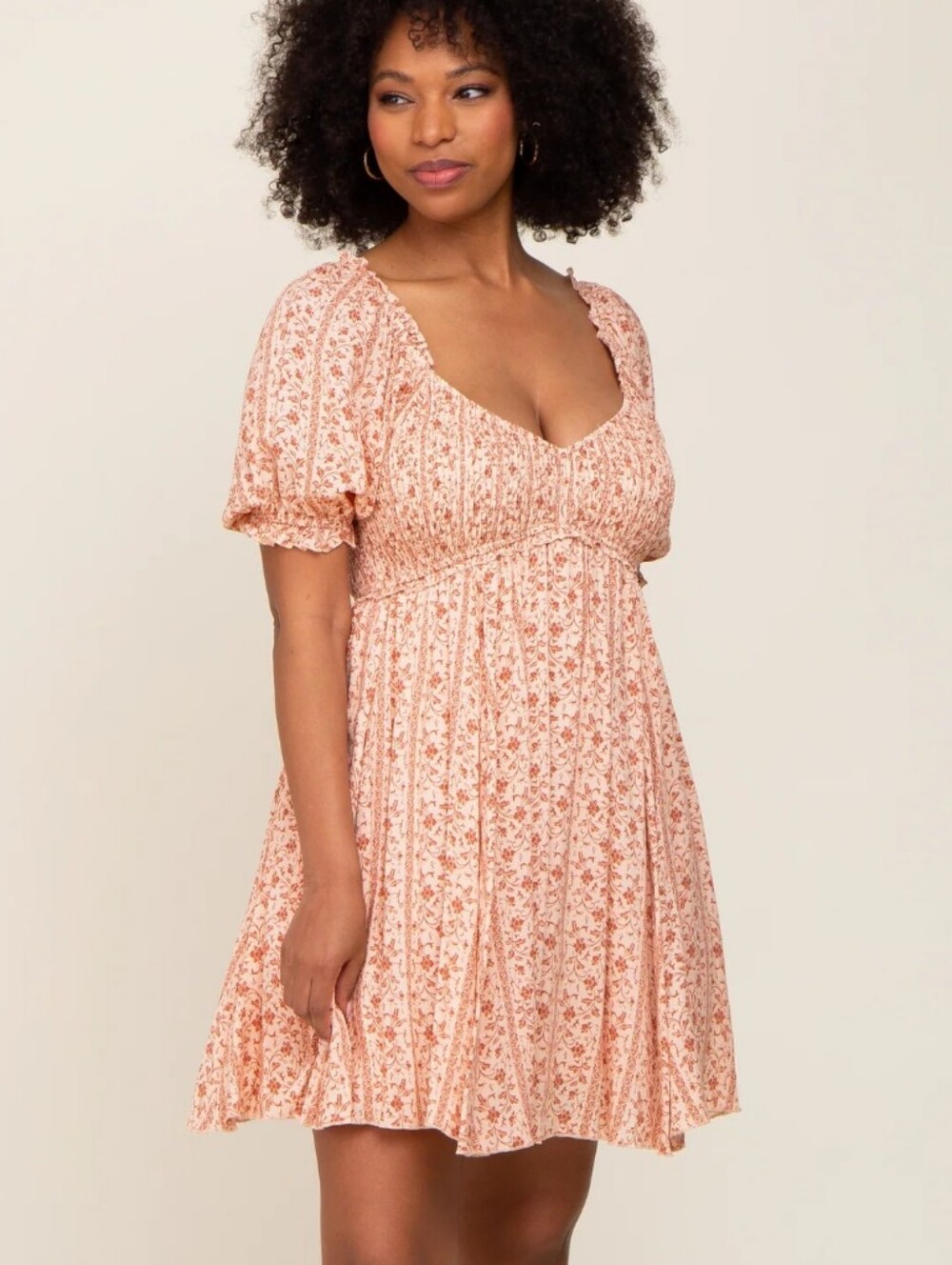 Heyson Smocked Puff-Sleeve  Women's Dress in Dusty Peach/Burgundy - Med